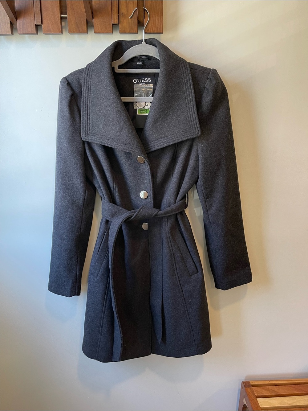 GUESS Black Wool-Blend Belted Trench Coat